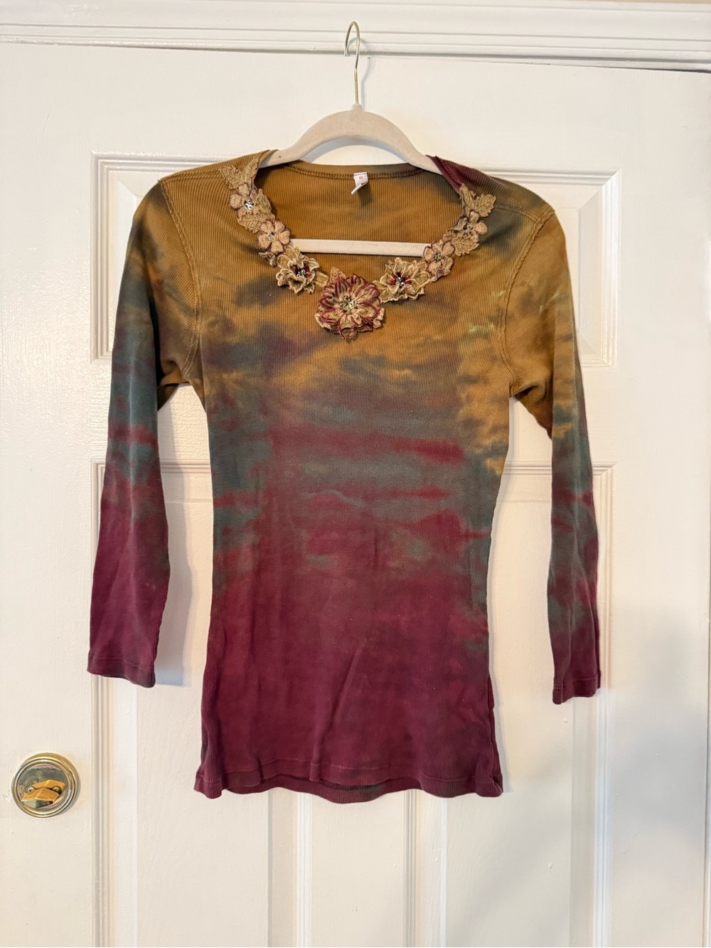 David Cline Embroidered Tie-Dye Long Sleeve Top - Burgundy, Olive, Mustard Y2K